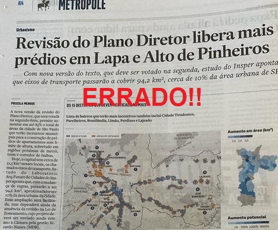 Estadão errou: projeto não libera mais prédios em Alto dos Pinheiros